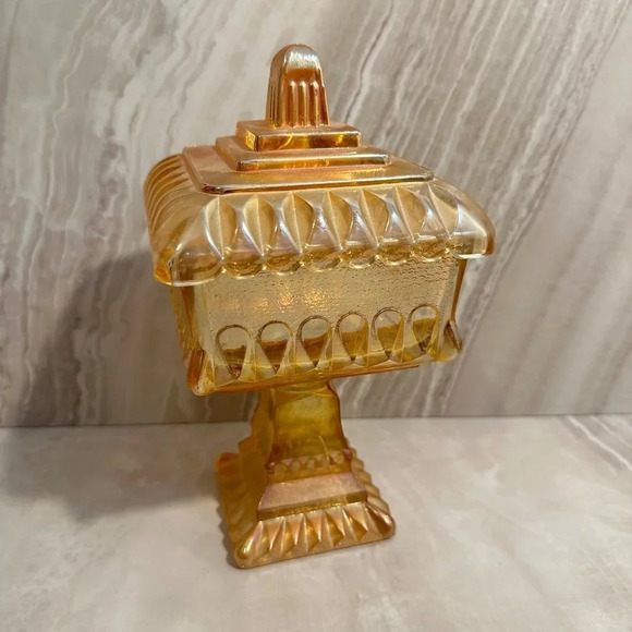 Vintage Candy Dish Iridescent Carnival Glass Lidded Pedestal Wedding Cake Box - Picture 2 of 8